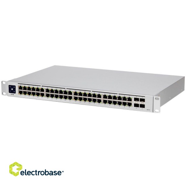 Ubiquiti USW-48-PoE, Layer 2 PoE switch, 32 x GbE PoE+, 16 x GbE ports, 4 x 1G SFP ports, 195W total PoE Power, Fanless, silent cooling, ESD/EMP protection, 1.3" touchscreen LCM display, Rackmount (Kit included)