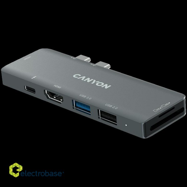 CANYON DS-5, Multiport Docking Station with 7 port, 1*Type C PD100W+2*HDMI+1*USB3.0+1*USB2.0+1*SD+1*TF. Input 100-240V, Output USB-C PD100W&USB-A 5V/1A, Aluminum alloy, Space gray, 104*42*11mm, 0.046kg(Generation B) image 2