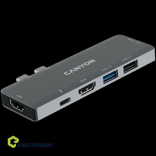 CANYON DS-5, Multiport Docking Station with 7 port, 1*Type C PD100W+2*HDMI+1*USB3.0+1*USB2.0+1*SD+1*TF. Input 100-240V, Output USB-C PD100W&USB-A 5V/1A, Aluminum alloy, Space gray, 104*42*11mm, 0.046kg(Generation B) image 3
