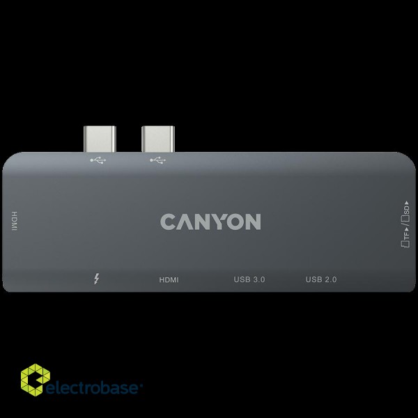 CANYON DS-5, Multiport Docking Station with 7 port, 1*Type C PD100W+2*HDMI+1*USB3.0+1*USB2.0+1*SD+1*TF. Input 100-240V, Output USB-C PD100W&USB-A 5V/1A, Aluminum alloy, Space gray, 104*42*11mm, 0.046kg(Generation B) image 4