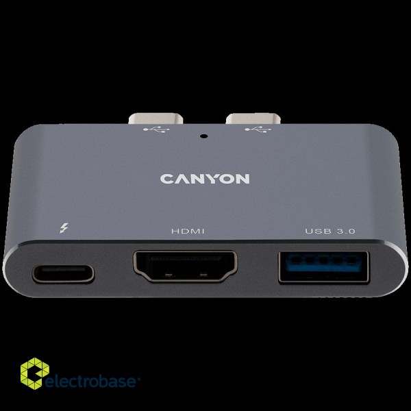 Canyon Multiport Docking Station with 3 port, with Thunderbolt 3 Dual type C male port, 1*Thunderbolt 3 female+1*HDMI+1*USB3.0. Input 100-240V, Output USB-C PD100W&USB-A 5V/1A, Aluminium alloy, Space gray, 59*35.5*10mm, 0.028kg фото 1