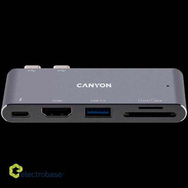 Canyon Multiport Docking Station with 5 port, with Thunderbolt 3 Dual type C male port, 1*Thunderbolt 3 female+1*HDMI+1*USB3.0+1*SD+1*TF. Input 100-240V, Output USB-C PD100W&USB-A 5V/1A, Aluminium alloy, Space gray, 90*41*11mm, 0.04kg фото 1