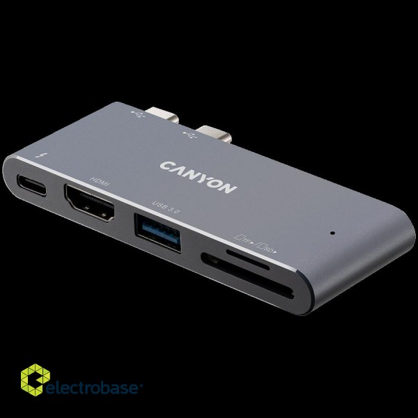 Canyon Multiport Docking Station with 5 port, with Thunderbolt 3 Dual type C male port, 1*Thunderbolt 3 female+1*HDMI+1*USB3.0+1*SD+1*TF. Input 100-240V, Output USB-C PD100W&USB-A 5V/1A, Aluminium alloy, Space gray, 90*41*11mm, 0.04kg фото 2