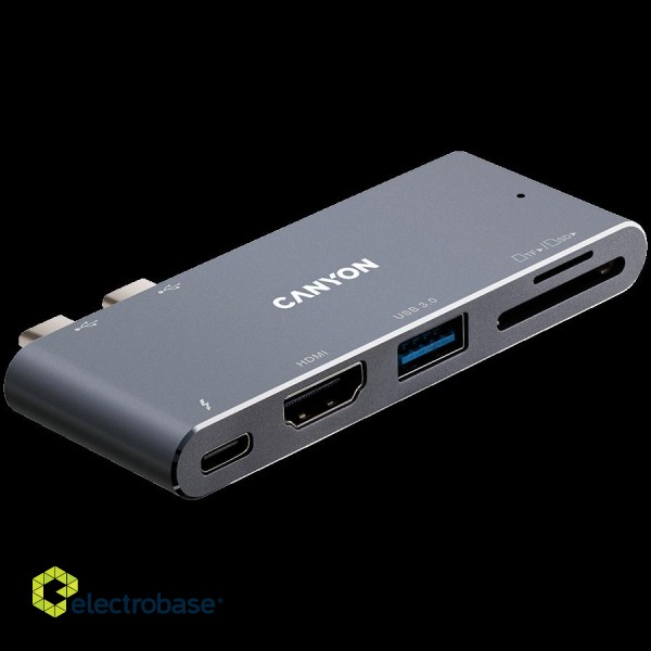 Canyon Multiport Docking Station with 5 port, with Thunderbolt 3 Dual type C male port, 1*Thunderbolt 3 female+1*HDMI+1*USB3.0+1*SD+1*TF. Input 100-240V, Output USB-C PD100W&USB-A 5V/1A, Aluminium alloy, Space gray, 90*41*11mm, 0.04kg paveikslėlis 3