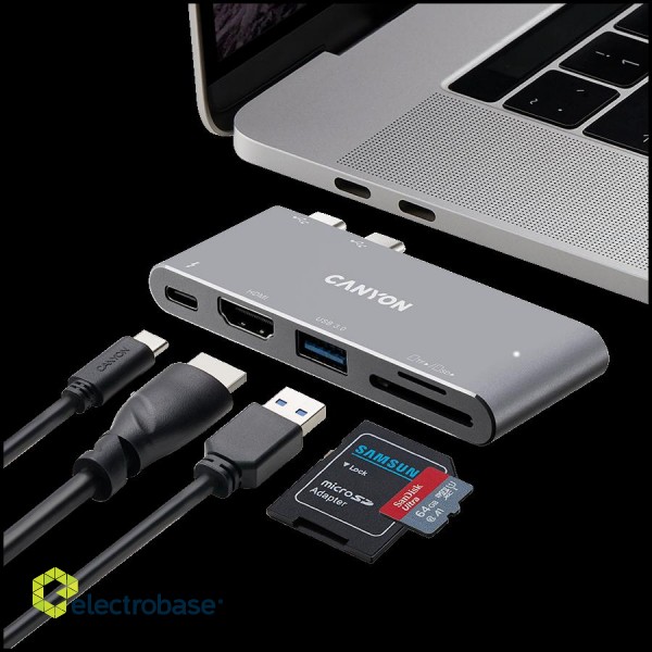 Canyon Multiport Docking Station with 5 port, with Thunderbolt 3 Dual type C male port, 1*Thunderbolt 3 female+1*HDMI+1*USB3.0+1*SD+1*TF. Input 100-240V, Output USB-C PD100W&USB-A 5V/1A, Aluminium alloy, Space gray, 90*41*11mm, 0.04kg image 4