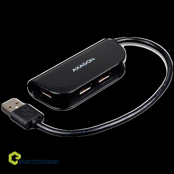 Handy four-port USB 2.0 hub with a permanently connected USB cable. Black.