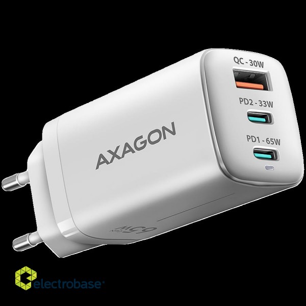 AXAGON ACU-DPQ65W GaN Wall charger, 3x port (USB + dual USB-C), PD3.0/QC4+/PPS/Apple, 65W, white