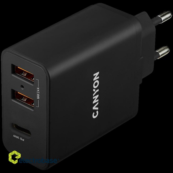 CANYON charger H-08 PD 30W USB-C 2USB-A Black paveikslėlis 1