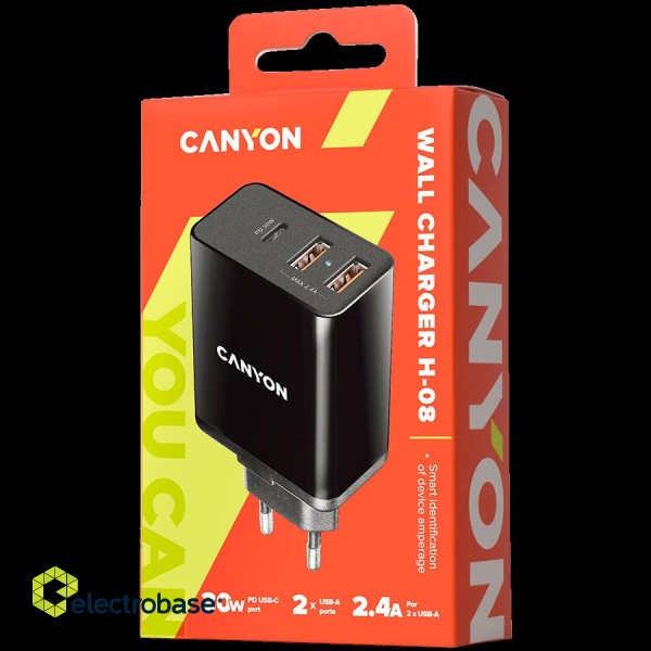 CANYON charger H-08 PD 30W USB-C 2USB-A Black paveikslėlis 2