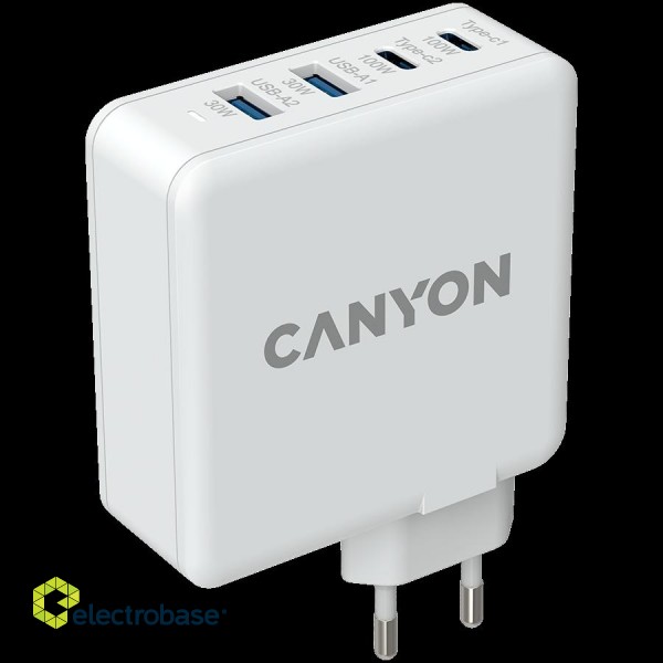 CANYON H-100, GAN 100W charger  Input:  100V-240V Output: USB-C1/C2: 5V 3A , 9V 3A , 12V 3A , 15V 3A , 20V 5A  USB-A 1/A2: 4.5V/5A, 5V/4.5A, 9V/3A, 12V/2.5A,  20V/1.5A  C1+C2 : 65W + 30W； C1+A1 : 65W + 30W ； C1+A2 : 65W + 30W ；C1+A1+A2 : 65W + image 1