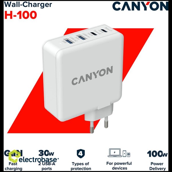 CANYON H-100, GAN 100W charger  Input:  100V-240V Output: USB-C1/C2: 5V 3A , 9V 3A , 12V 3A , 15V 3A , 20V 5A  USB-A 1/A2: 4.5V/5A, 5V/4.5A, 9V/3A, 12V/2.5A,  20V/1.5A  C1+C2 : 65W + 30W； C1+A1 : 65W + 30W ； C1+A2 : 65W + 30W ；C1+A1+A2 : 65W + image 4