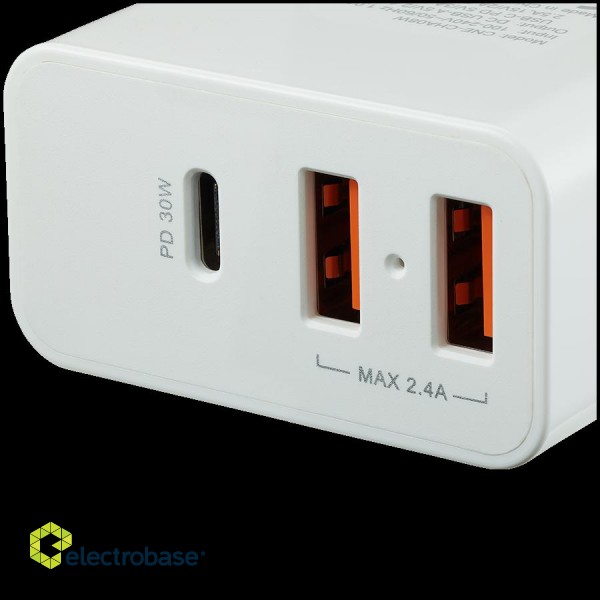 CANYON H-08 Universal 3xUSB AC charger (in wall) with over-voltage protection(1 USB-C with PD Quick Charger), Input 100V-240V, OutputUSB-A/5V-2.4A+USB-C/PD30W, with Smart IC, White Glossy Color+ orange plastic part of USB, 96.8*52.48*28.5mm, 0.092kg image 2