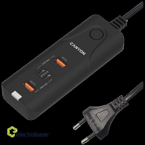 CANYON H-10, Wall charger. CNE-CHA10B Input: 100-240V~50/60Hz 1.0A Max Output1/Output2: DC USB-A QC3.0 5.0V/3.0A,9.0V/2.0A,12.0V/1.5A 18.0W(Max)USB-C PD 5.0V/3.0A,9.0V/2.22A,12.0V/1.67A 20.0W(Max)USB-A+C 5.0V/3.0A 15.0W(Max)Total Power: 40.0W image 1