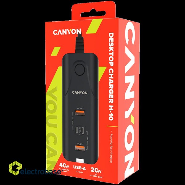 CANYON H-10, Wall charger. CNE-CHA10B Input: 100-240V~50/60Hz 1.0A Max Output1/Output2: DC USB-A QC3.0 5.0V/3.0A,9.0V/2.0A,12.0V/1.5A 18.0W(Max)USB-C PD 5.0V/3.0A,9.0V/2.22A,12.0V/1.67A 20.0W(Max)USB-A+C 5.0V/3.0A 15.0W(Max)Total Power: 40.0W image 2