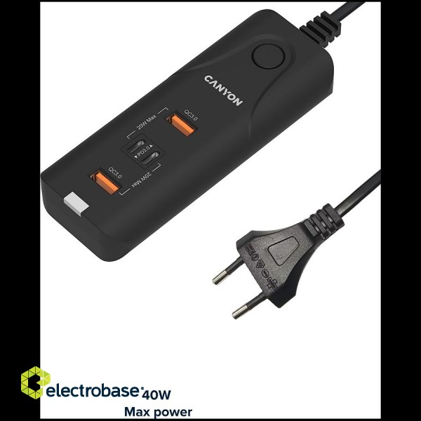 CANYON H-10, Wall charger. CNE-CHA10B Input: 100-240V~50/60Hz 1.0A Max Output1/Output2: DC USB-A QC3.0 5.0V/3.0A,9.0V/2.0A,12.0V/1.5A 18.0W(Max)USB-C PD 5.0V/3.0A,9.0V/2.22A,12.0V/1.67A 20.0W(Max)USB-A+C 5.0V/3.0A 15.0W(Max)Total Power: 40.0W image 4