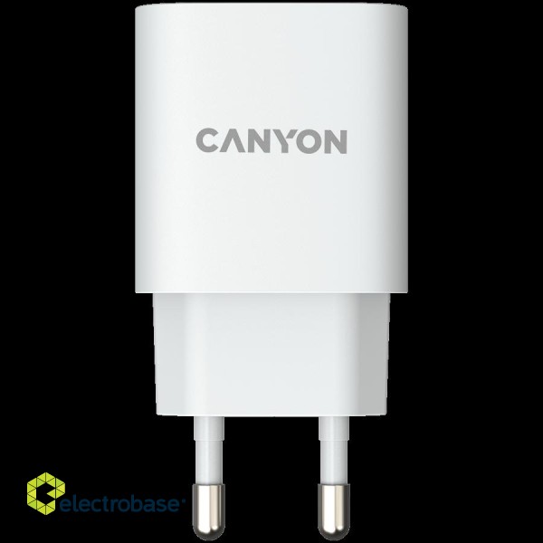 CANYON H-20, PD 20W Input: 100V-240V, Output: 1 port charge: USB-C:PD 20W (5V3A/9V2.22A/12V1.67A) , Eu plug, Over- Voltage ,  over-heated, over-current and short circuit protection Compliant with CE RoHs,ERP. Size: 80*42.3*30mm, 55g, White фото 1