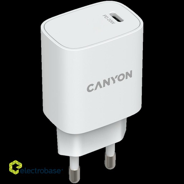 CANYON H-20, PD 20W Input: 100V-240V, Output: 1 port charge: USB-C:PD 20W (5V3A/9V2.22A/12V1.67A) , Eu plug, Over- Voltage ,  over-heated, over-current and short circuit protection Compliant with CE RoHs,ERP. Size: 80*42.3*30mm, 55g, White image 2