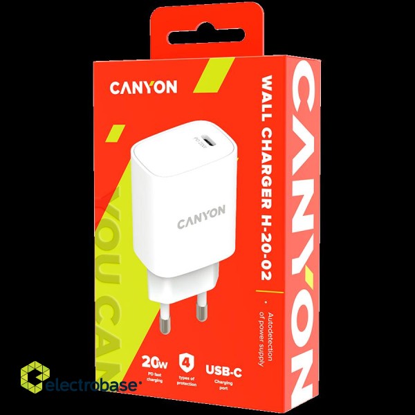 CANYON H-20, PD 20W Input: 100V-240V, Output: 1 port charge: USB-C:PD 20W (5V3A/9V2.22A/12V1.67A) , Eu plug, Over- Voltage ,  over-heated, over-current and short circuit protection Compliant with CE RoHs,ERP. Size: 80*42.3*30mm, 55g, White фото 3