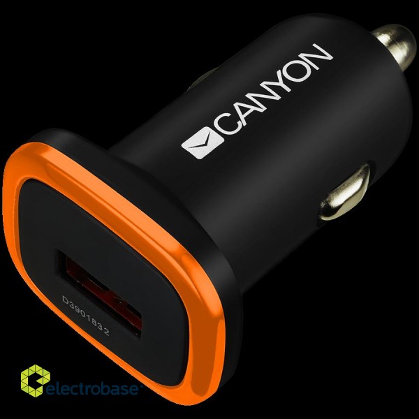 CANYON Universal 1xUSB car adapter, Input 12V-24V, Output 5V-1A, black rubber coating with orange electroplated ring(without LED backlighting), 51.8*31.2*26.2mm, 0.016kg фото 1