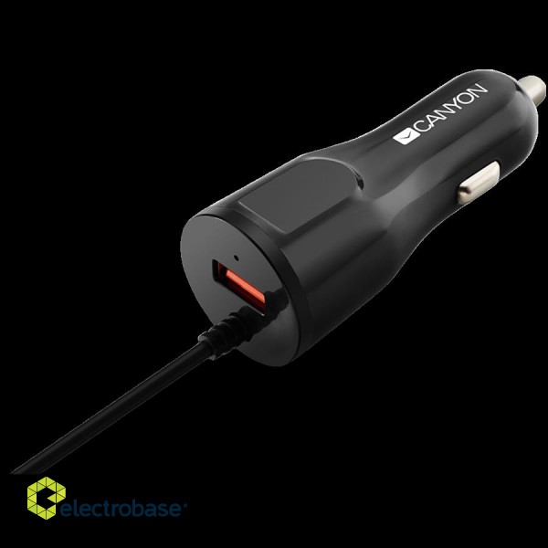 CANYON C-033 Universal 1xUSB car adapter, plus Lightning connector, Input 12V-24V, Output 5V/2.4A(Max), with Smart IC, black glossy, cable length 1.2m, 77*30*30mm, 0.041kg, Russian фото 2