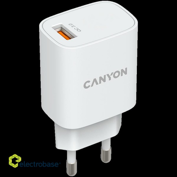 CANYON H-18-01, Wall charger with 1*USB, QC3.0 18W, Input: 100V-240V, Output: DC 5V/3A,9V/2A,12V/1.5A, Eu plug, OCP/OVP/OTP/SCP, CE, RoHS ,ERP. Size: 80.17*41.23*28.68mm, 50g, White image 2