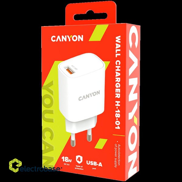 CANYON H-18-01, Wall charger with 1*USB, QC3.0 18W, Input: 100V-240V, Output: DC 5V/3A,9V/2A,12V/1.5A, Eu plug, OCP/OVP/OTP/SCP, CE, RoHS ,ERP. Size: 80.17*41.23*28.68mm, 50g, White image 3