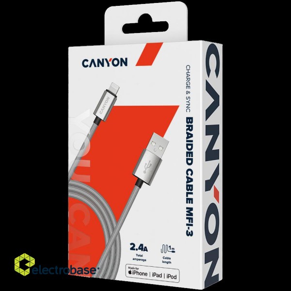 CANYON Charge & Sync MFI braided cable with metalic shell, USB to lightning, certified by Apple, 1m, 0.28mm, Dark gray paveikslėlis 3
