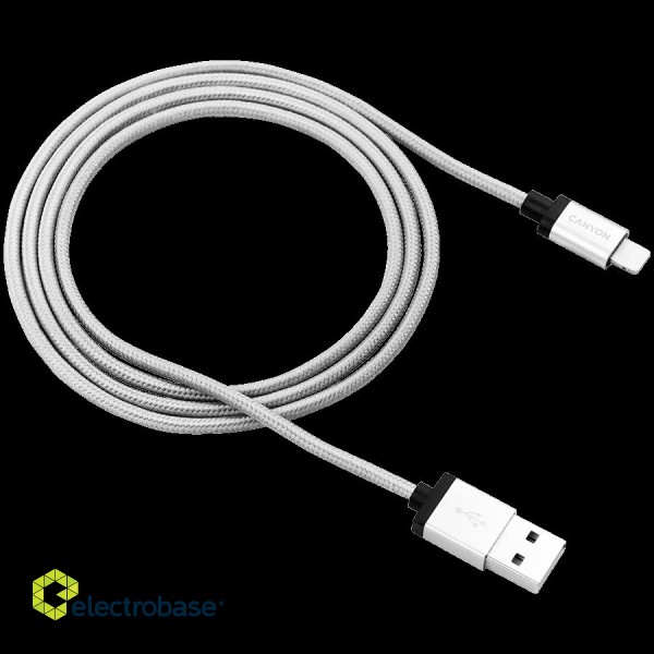 CANYON Charge & Sync MFI braided cable with metalic shell, USB to lightning, certified by Apple, 1m, 0.28mm, Dark gray image 2