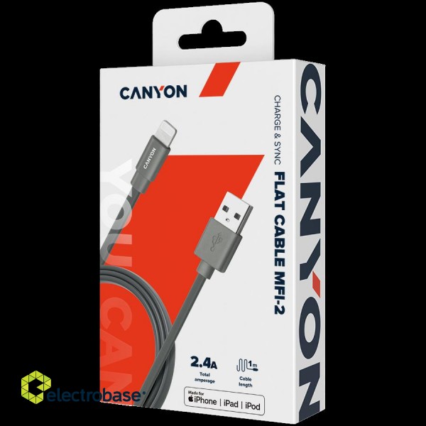 CANYON Charge & Sync MFI flat cable, USB to lightning, certified by Apple, 1m, 0.28mm, Dark gray фото 3