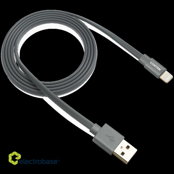 CANYON Charge & Sync MFI flat cable, USB to lightning, certified by Apple, 1m, 0.28mm, Dark gray фото 1