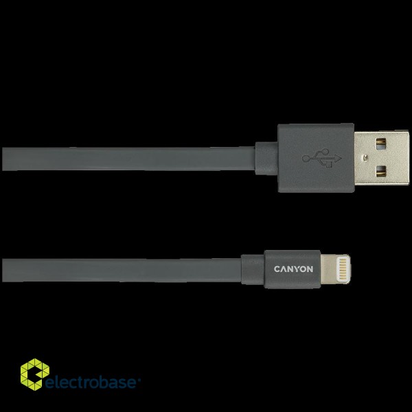 CANYON Charge & Sync MFI flat cable, USB to lightning, certified by Apple, 1m, 0.28mm, Dark gray фото 2