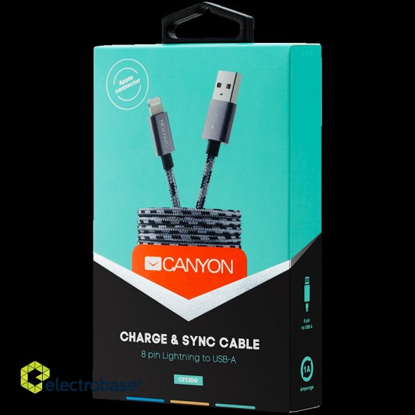 CANYON Lightning USB Cable for Apple, braided, metallic shell, 1M, Dark gray paveikslėlis 3