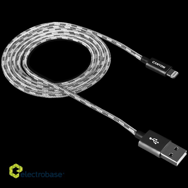 CANYON Lightning USB Cable for Apple, braided, metallic shell, 1M, Dark gray фото 1