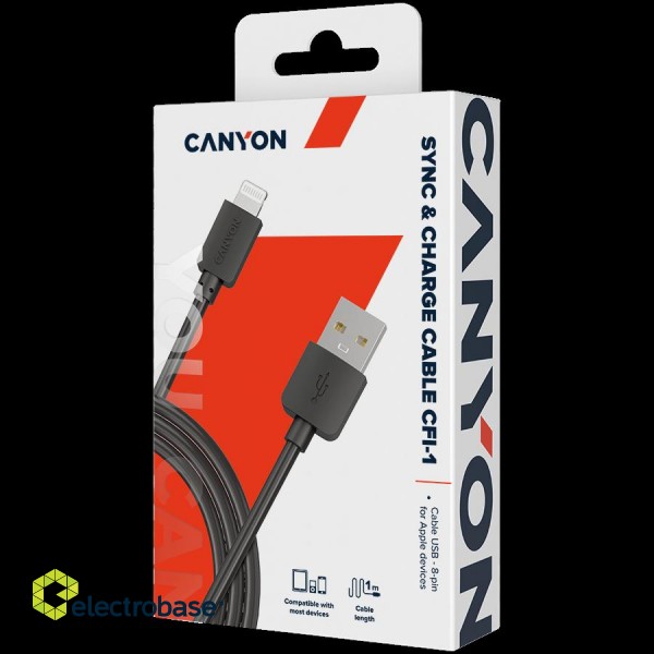CANYON Lightning USB Cable for Apple, round, 1M, Black paveikslėlis 2
