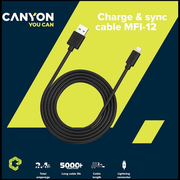 CANYON cable MFI-12 USB-A to Lightning 2m Black image 3