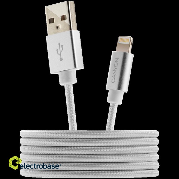CANYON MFI-3, Charge & Sync MFI braided cable with metalic shell, USB to lightning, certified by Apple, cable length 1m, OD2.8mm, Pearl White image 2