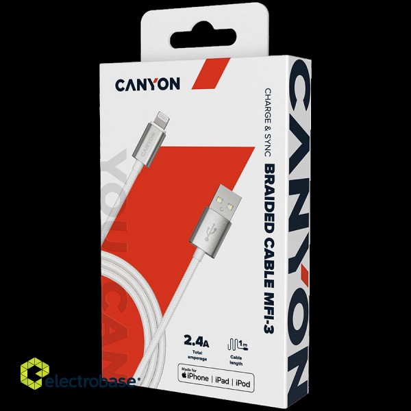 CANYON MFI-3, Charge & Sync MFI braided cable with metalic shell, USB to lightning, certified by Apple, cable length 1m, OD2.8mm, Pearl White image 4