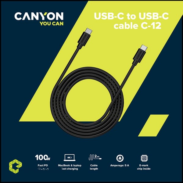 CANYON cable C-12 USB-C to USB-C 100W 2m Black фото 2
