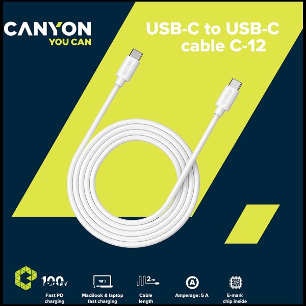 CANYON cable C-12 USB-C to USB-C 100W 2m White image 2