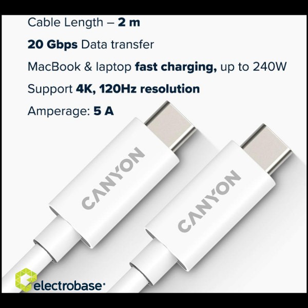 CANYON cable UC-42 USB-C to USB-C 240W 20Gbps 4k 2m White фото 3