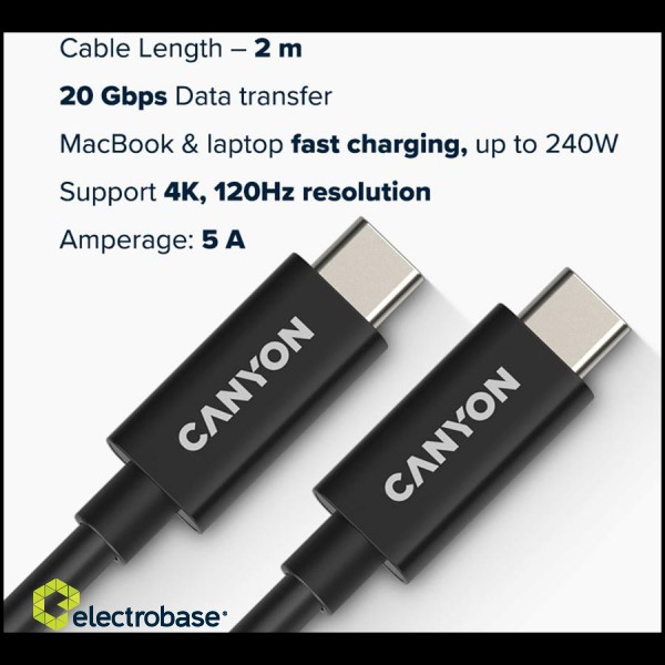 CANYON cable UC-42 USB-C to USB-C 240W 20Gbps 4k 2m Black фото 3