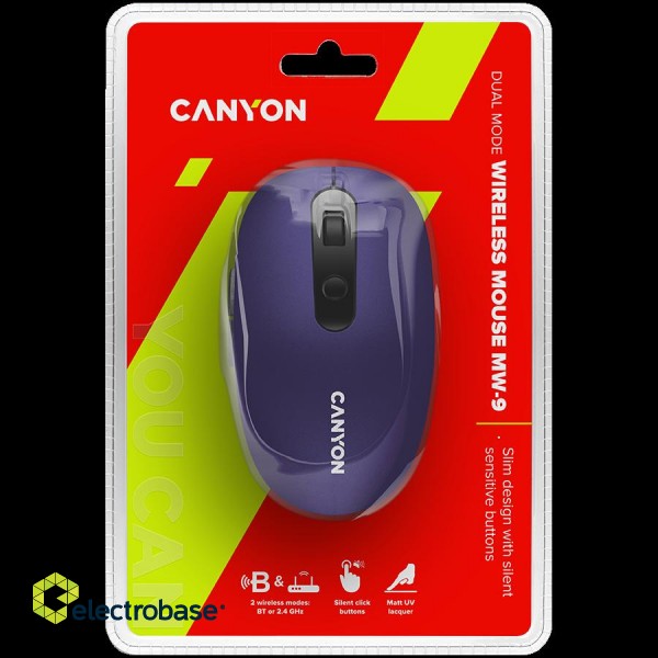 CANYON MW-9, 2 in 1 Wireless optical mouse with 6 buttons, DPI 800/1000/1200/1500, 2 mode(BT/ 2.4GHz), Battery AA*1pcs, Violet, silent switch for right/left keys, 65.4*112.25*32.3mm, 0.092kg image 5