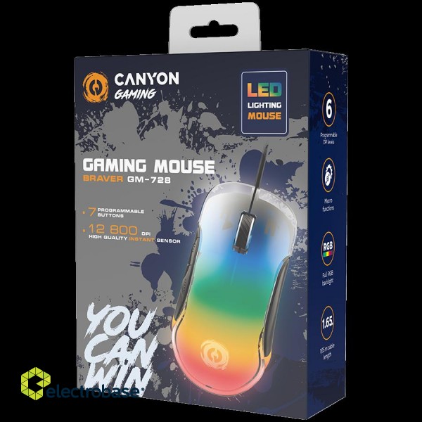 CANYON Braver GM-728, Optical Crystal gaming mouse, Instant 825, ABS material, huanuo 10 million cycle switch, 1.65M TPE cable with magnet ring, weight: 114g, Size: 122.6*66.2*38.2mm, Black image 5