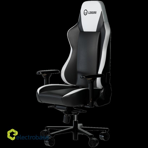 LORGAR Base 311, Gaming chair, PU eco-leather, 1.8 mm metal frame, multiblock mechanism, 4D armrests, 5 Star aluminium base, Class-4 gas lift, 75mm PU casters, Black + white image 2