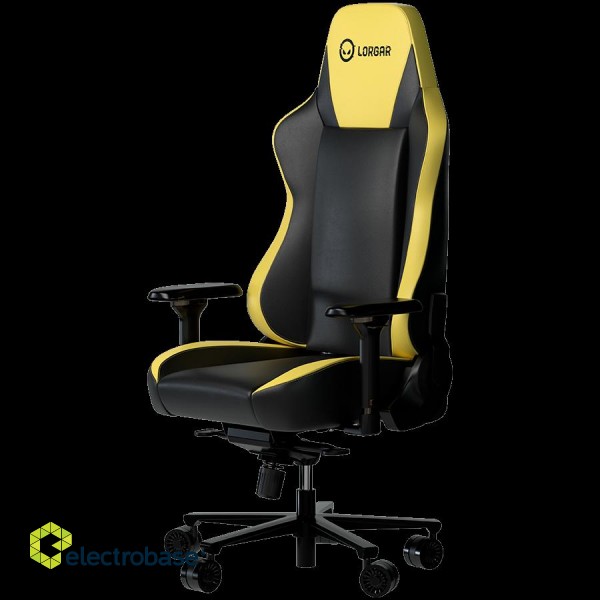 LORGAR Base 311, Gaming chair, PU eco-leather, 1.8 mm metal frame, multiblock mechanism, 4D armrests, 5 Star aluminium base, Class-4 gas lift, 75mm PU casters, Black + yellow фото 2