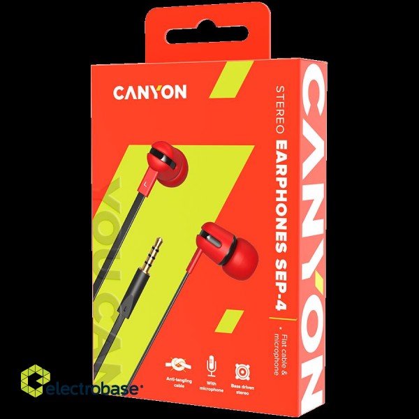 CANYON SEP-4 Stereo earphone with microphone, 1.2m flat cable, Red, 22*12*12mm, 0.013kg image 2