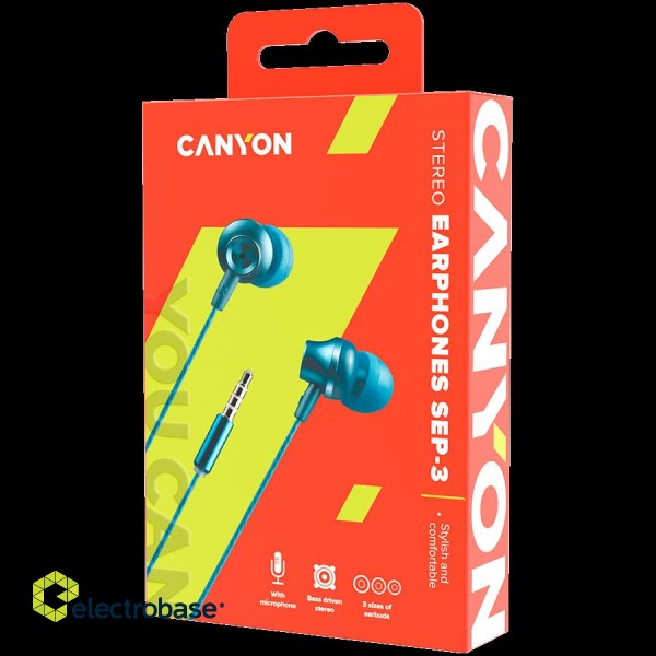CANYON Stereo earphones with microphone, metallic shell, 1.2M, blue-green image 3