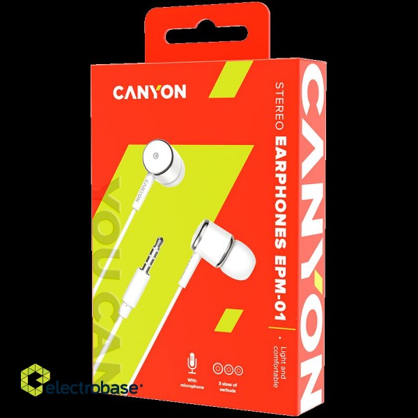 CANYON Stereo earphones with microphone, White paveikslėlis 3