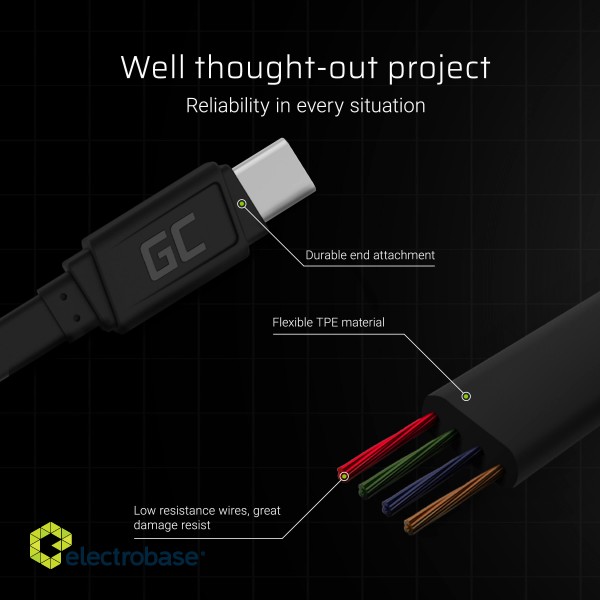 Green Cell Cable GCmatte USB-C Flat cable 25 cm with fast charging фото 4