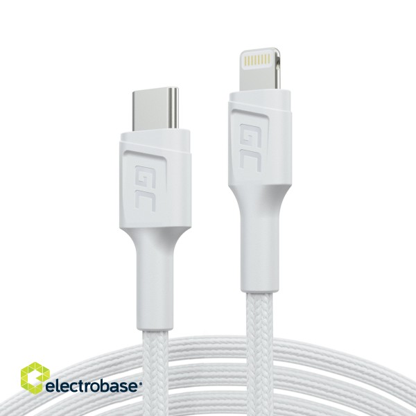 White USB-C - Lightning MFi 1m cable for Apple iPhone Green Cell PowerStream, with Power Delivery fast charging paveikslėlis 1